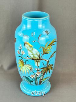 19th C. Bohemian Hand-Enameled Blue Opaline 11 ¾ Vase withCockatoo & Butterfly