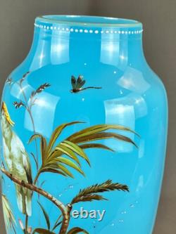 19th C. Bohemian Hand-Enameled Blue Opaline 11 ¾ Vase withCockatoo & Butterfly
