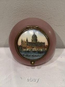 19th C. FRENCH PINK OPALINE ART GLASS TRINKET BOX ST. PAULS CATHEDRAL