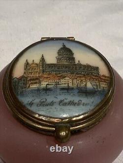 19th C. FRENCH PINK OPALINE ART GLASS TRINKET BOX ST. PAULS CATHEDRAL