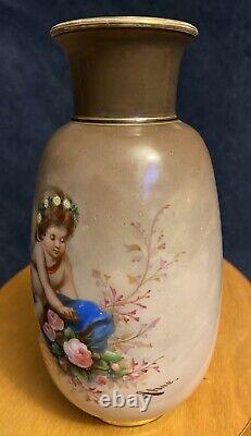 19th-C Victorian Bohemian Art Glass Vase Cherub Putti Angel by Josef Ahne 7.5