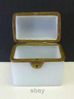 19thc Antique French White Opaline Glass Tea or Sugar Box Casket Bronze Lock