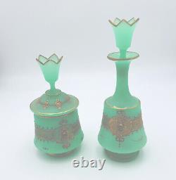 2 Antique Bohemian Green Opaline/Guilded Gold Art Glass Jars c1860