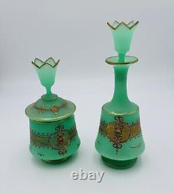 2 Antique Bohemian Green Opaline/Guilded Gold Art Glass Jars c1860