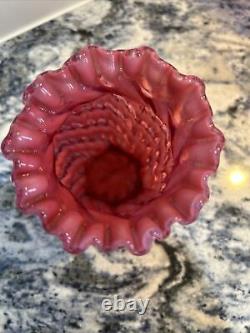 2 Fenton Spiral Optic Cranberry Opalescent Swirl Vases & 1 Rose Bowl
