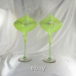 2 HTF 13 JACK IN THE PULPIT CANARY YELLOW OPALESCENT VASELINE GLASS VASES 1890s