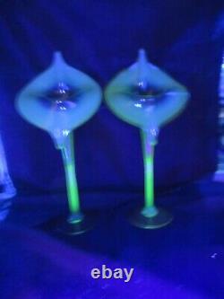 2 HTF 13 JACK IN THE PULPIT CANARY YELLOW OPALESCENT VASELINE GLASS VASES 1890s