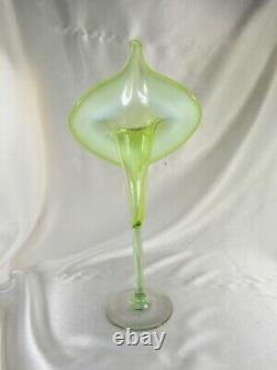 2 HTF 13 JACK IN THE PULPIT CANARY YELLOW OPALESCENT VASELINE GLASS VASES 1890s