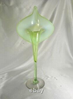 2 HTF 13 JACK IN THE PULPIT CANARY YELLOW OPALESCENT VASELINE GLASS VASES 1890s