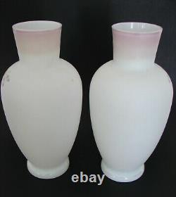 2 Victorian Opaline Bristol Glass Vases Handpainted Enamel Decor artist sign. 11
