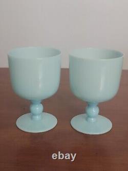 2 Vintage PORTIEUX Vallerysthal BLUE OPALINE Art Glass WATER GOBLETS Low Footed