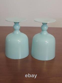 2 Vintage PORTIEUX Vallerysthal BLUE OPALINE Art Glass WATER GOBLETS Low Footed