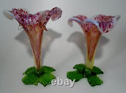 2 x Antique Kralik Floriform Vases, Opalescent, Pink & Green Glass Lily