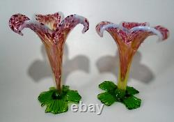 2 x Antique Kralik Floriform Vases, Opalescent, Pink & Green Glass Lily