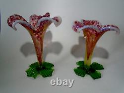 2 x Antique Kralik Floriform Vases, Opalescent, Pink & Green Glass Lily