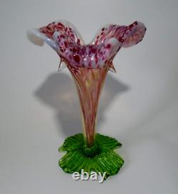 2 x Antique Kralik Floriform Vases, Opalescent, Pink & Green Glass Lily