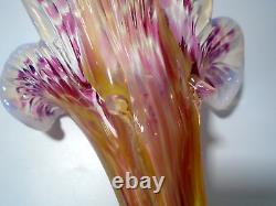 2 x Antique Kralik Floriform Vases, Opalescent, Pink & Green Glass Lily