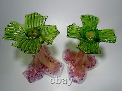 2 x Antique Kralik Floriform Vases, Opalescent, Pink & Green Glass Lily