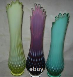 3 Vintage Fenton Hobnail Opalescent Flower Swung Vase Topaz Vaseline Plum Green