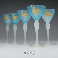 5 Antique Stevens & Williams Opalescent Blue Stemmed Cordial Glass with Rooster