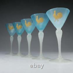 5 Antique Stevens & Williams Opalescent Blue Stemmed Cordial Glass with Rooster