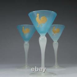 5 Antique Stevens & Williams Opalescent Blue Stemmed Cordial Glass with Rooster