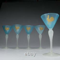 5 Antique Stevens & Williams Opalescent Blue Stemmed Cordial Glass with Rooster