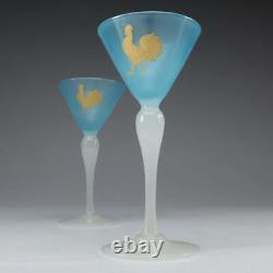 5 Antique Stevens & Williams Opalescent Blue Stemmed Cordial Glass with Rooster