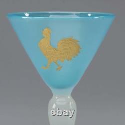 5 Antique Stevens & Williams Opalescent Blue Stemmed Cordial Glass with Rooster