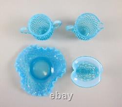 7pc Lot of Fenton HOBNAIL BLUE OPALESCENT Art Glass Bowls, Vases, Creamer, Sugar+