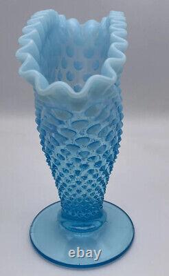 8 Fenton Hobnail Fan Vase Opalescent Blue Art Glass Ruffled Edge
