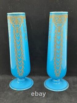 8 Matched Pair Peacock/Bristol Blue Opaline Glass Vases Gold Gilt Pattern