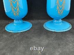 8 Matched Pair Peacock/Bristol Blue Opaline Glass Vases Gold Gilt Pattern