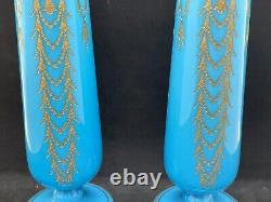 8 Matched Pair Peacock/Bristol Blue Opaline Glass Vases Gold Gilt Pattern