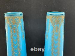 8 Matched Pair Peacock/Bristol Blue Opaline Glass Vases Gold Gilt Pattern