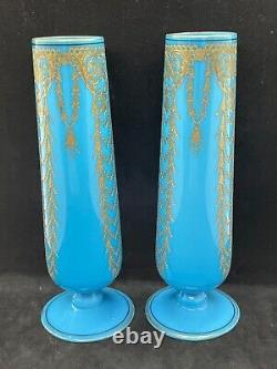 8 Matched Pair Peacock/Bristol Blue Opaline Glass Vases Gold Gilt Pattern