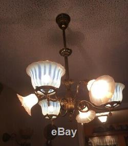 ANTIQUE ca. 1900 3/3 Gas & Electric Chandelier Orig Opalescent Art Glass Shades