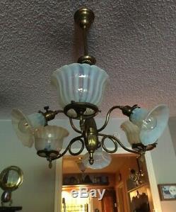 ANTIQUE ca. 1900 3/3 Gas & Electric Chandelier Orig Opalescent Art Glass Shades