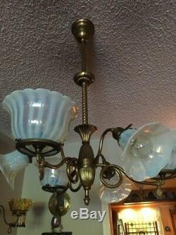 ANTIQUE ca. 1900 3/3 Gas & Electric Chandelier Orig Opalescent Art Glass Shades