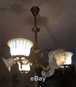 ANTIQUE ca. 1900 3/3 Gas & Electric Chandelier Orig Opalescent Art Glass Shades