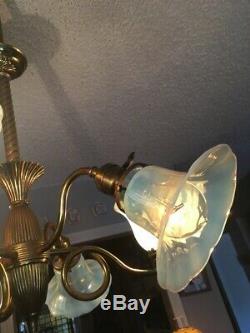 ANTIQUE ca. 1900 3/3 Gas & Electric Chandelier Orig Opalescent Art Glass Shades
