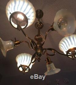 ANTIQUE ca. 1900 3/3 Gas & Electric Chandelier Orig Opalescent Art Glass Shades