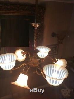 ANTIQUE ca. 1900 3/3 Gas & Electric Chandelier Orig Opalescent Art Glass Shades