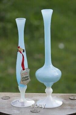 A Pair of Vintage Italian Blue Opaline Footed Vases Cristalleria Toscana