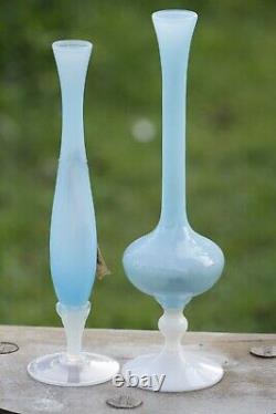 A Pair of Vintage Italian Blue Opaline Footed Vases Cristalleria Toscana