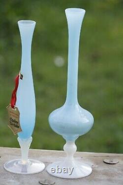 A Pair of Vintage Italian Blue Opaline Footed Vases Cristalleria Toscana