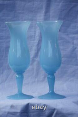 A Pair of Vintage Italian Blue Opaline Footed Vases Murano 19.5cm 7.67in