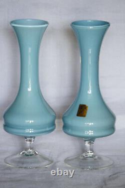 A Pair of Vintage Italian Blue Opaline Vases Clear Base 23cm 9in Opalino