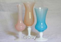 A beautiful lot of 3 Opaline Vases Pink Blue Italian Glass Pedestal 70s MCM