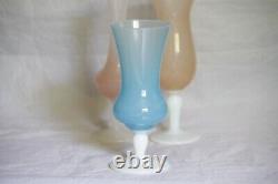 A beautiful lot of 3 Opaline Vases Pink Blue Italian Glass Pedestal 70s MCM